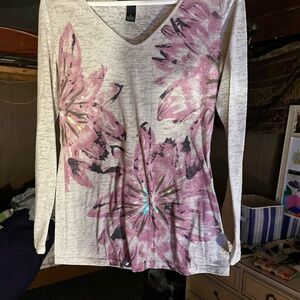 INC International Concepts Beige and Pink Floral Long Sleeve Top